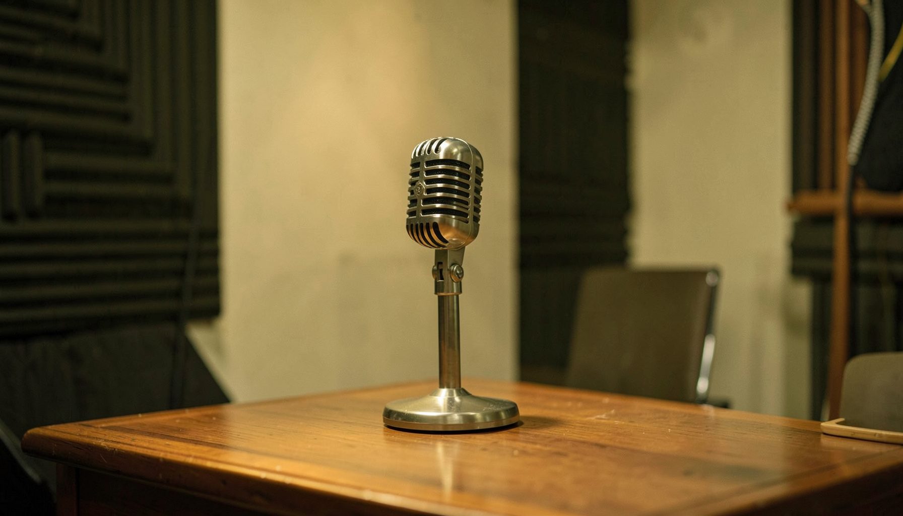 A warm, softly lit radio studio with a vintage microphone on a wooden desk, muted olive and cream tones, calm and reverent