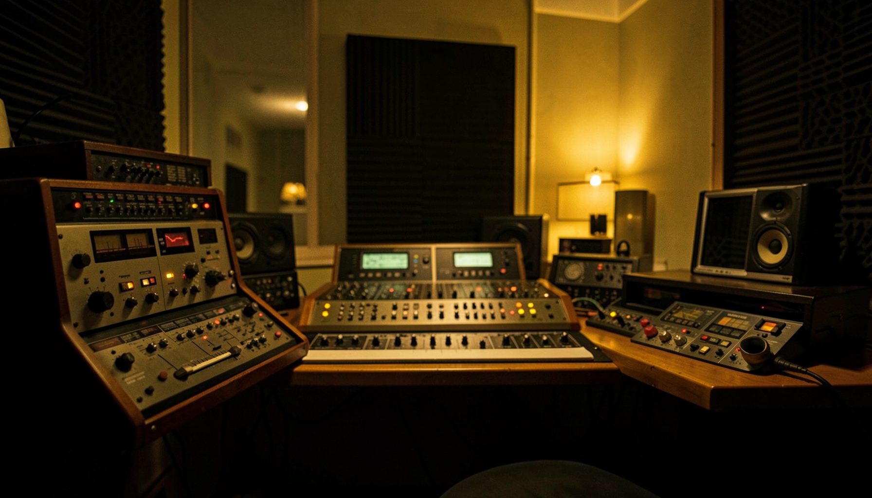 A warm, softly lit radio studio with vintage audio equipment, glowing amber and olive tones, evoking a quiet late-night broadcast atmosphere.