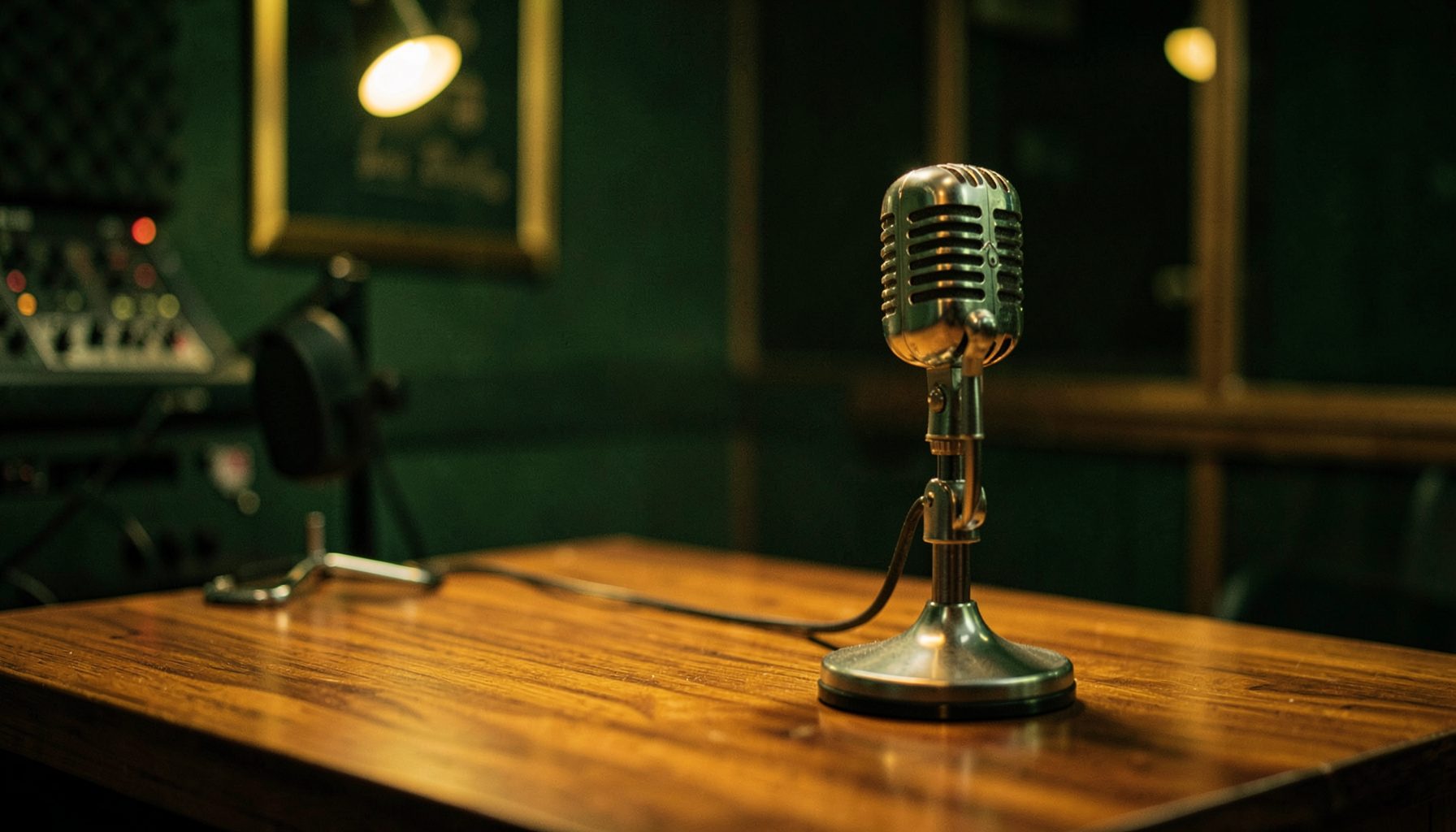 A warm, softly lit radio studio with a vintage microphone on a wooden desk, deep green and gold tones, calm and reverent