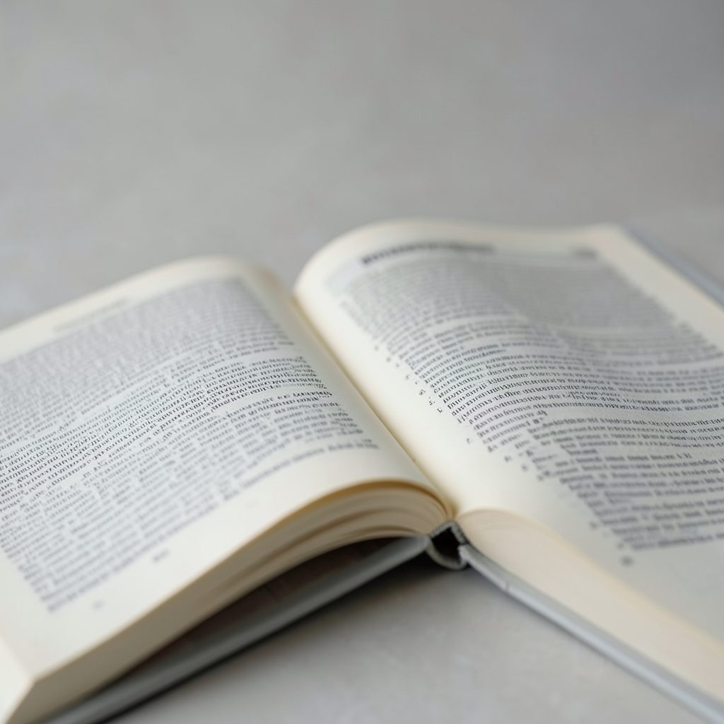 A calm, muted composition of open book pages in soft cream and grey tones, conveying study, scripture, and quiet reflection.