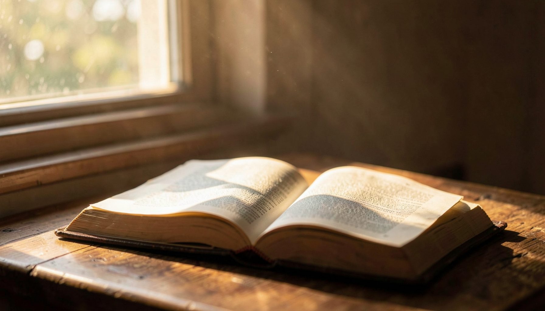 Sunlight streaming through a window onto an open Bible resting on a wooden table, warm golden and brown tones, quiet and reverent