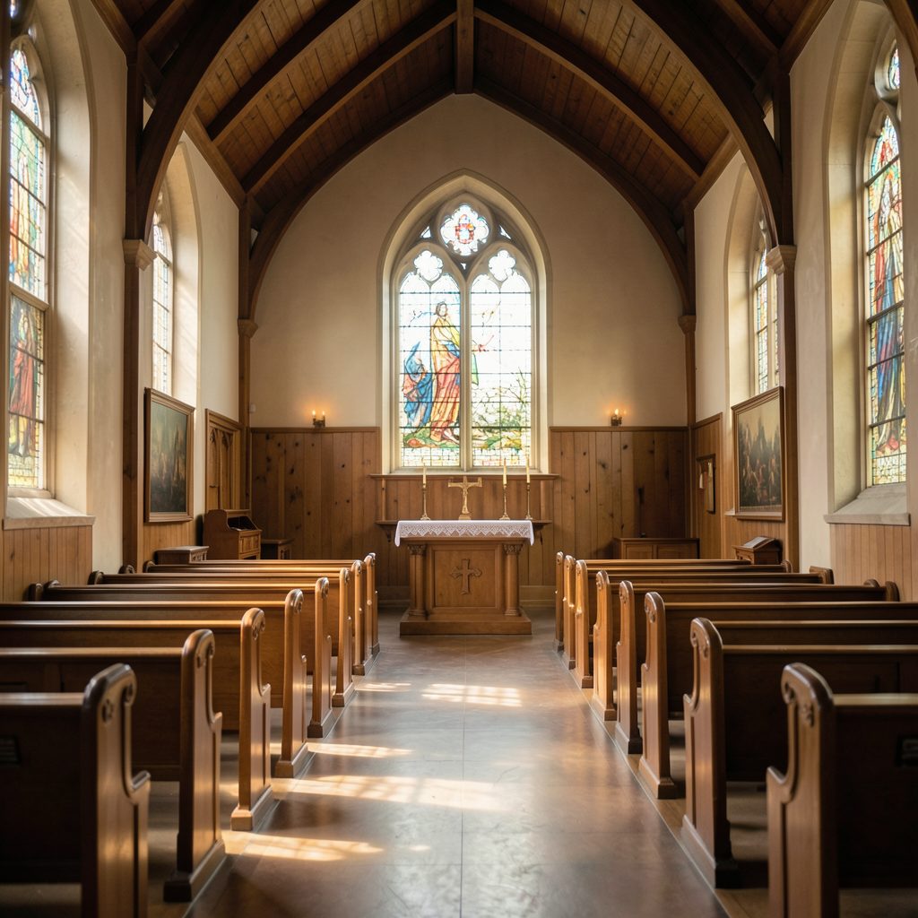 A simple, atmospheric image of a church interior with warm wood tones and soft light filtering through, conveying community and quiet worship.